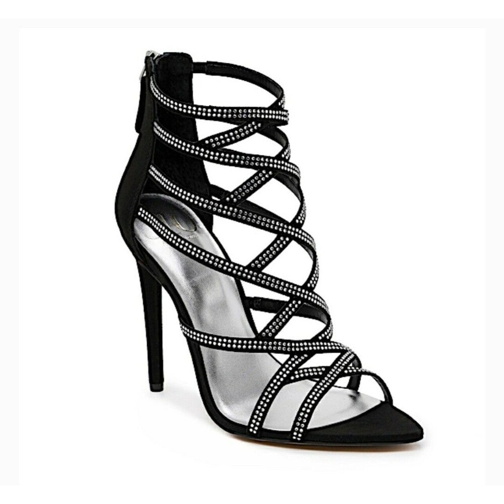 JLO Black/Silver Rhinestone Strappy Pointed Toe Stiletto Heels Zip 8